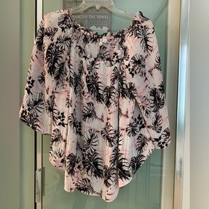 CATO Ruched Peasant Top Blouse Black Botanical with Pink & Cream Poly Chiffon XL